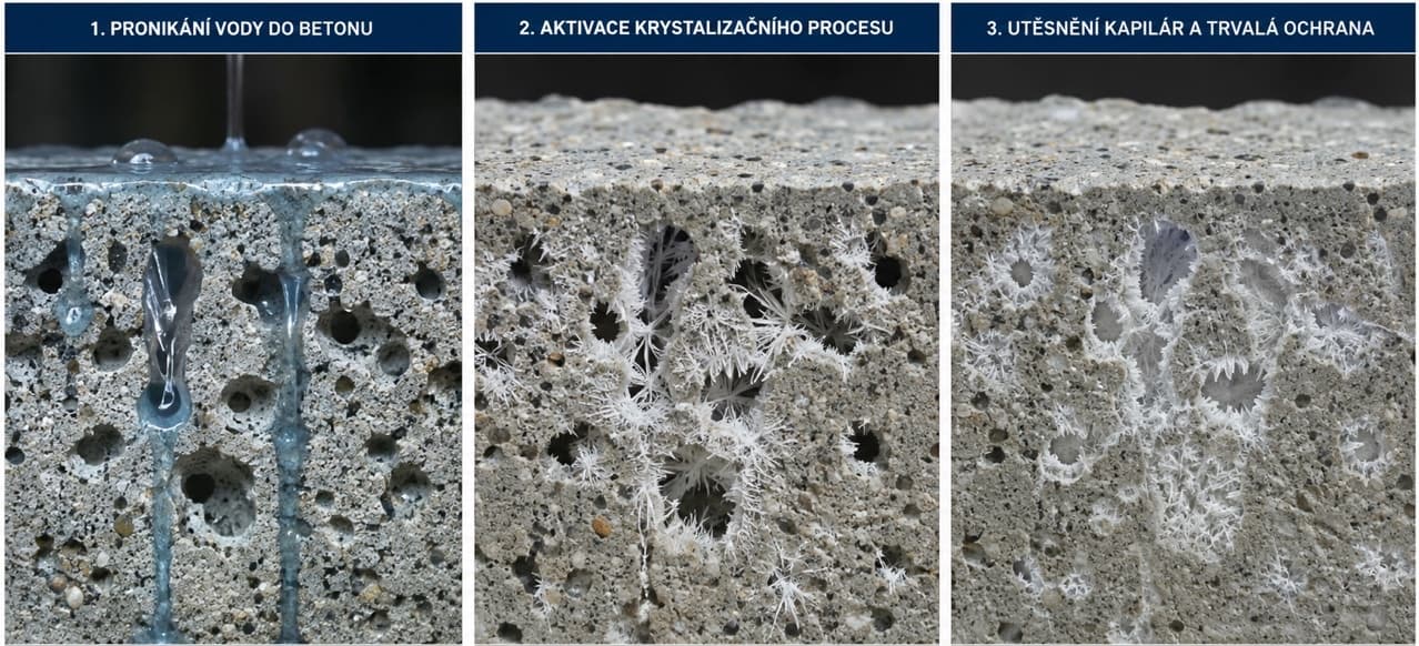 Princip krystalizace betonu – pronikání vody, aktivace krystalizačního procesu a trvalé utěsnění kapilár